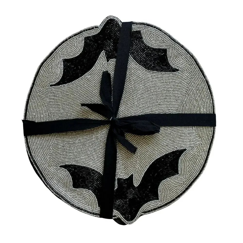 2pc Rachel Zoe Halloween Bat Border Placemat Charger 15in Black & Silver NEW